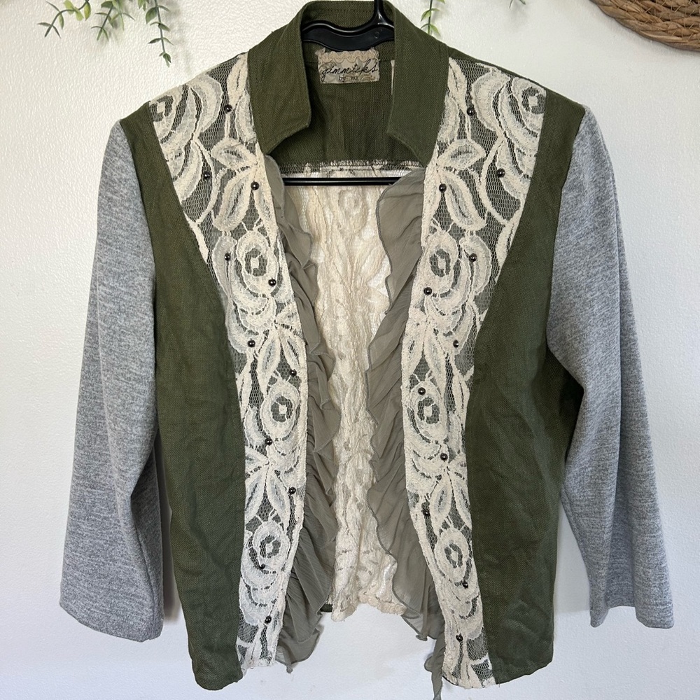 BKE Olive Green & Gray Lace-Trim Cardigan